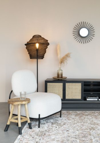 WHITE LABEL LIVING Guuji sknk, m. 2 lger, 3 skuffer, hylder - rattan og sort askefinérjern