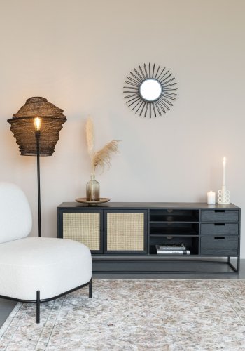 WHITE LABEL LIVING Guuji sknk, m. 2 lger, 3 skuffer, hylder - rattan og sort askefinérjern