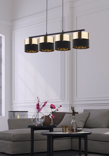 TK Hilton loftlampe, m. 4 skrme - guld metal og sort stof