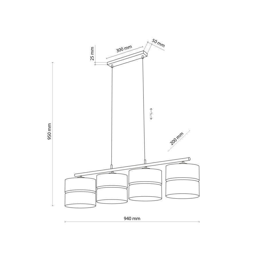 TK Hilton loftlampe, m. 4 skrme - guld metal og sort stof