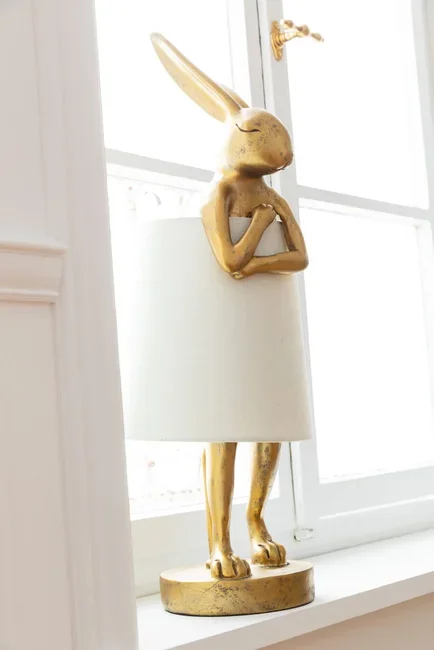 KARE DESIGN Animal Rabbit bordlampe - hvid linnedhr og guld polyresin/stl (H:50cm)