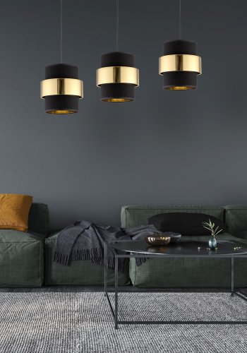 TK Calisto loftlampe, m. 3 skrme - sort stof og guld stl