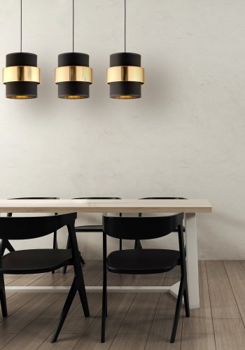 TK Calisto loftlampe, m. 3 skrme - sort stof og guld stl