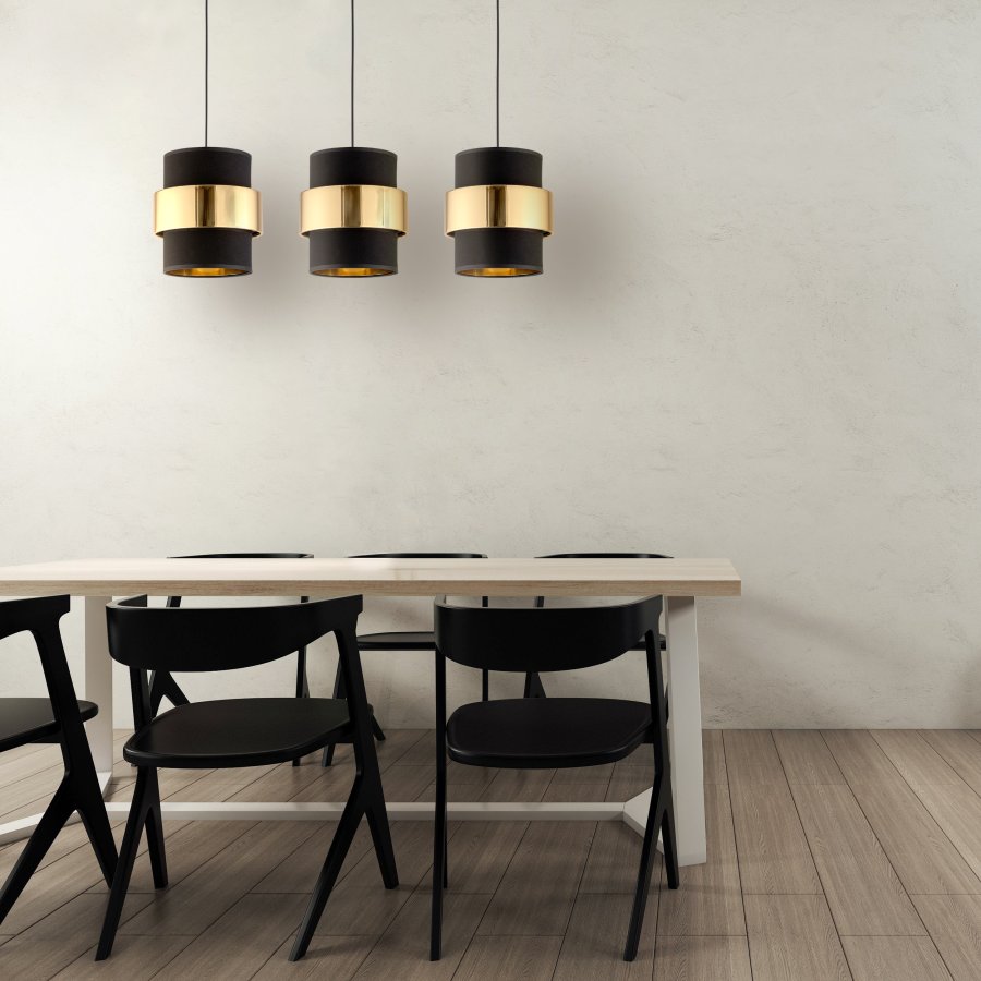 TK Calisto loftlampe, m. 3 skrme - sort stof og guld stl