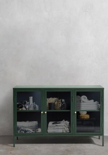 Bronco glassknk, m. 3 lger og hylder - riflet glas og grangrn metal