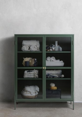 Bronco glasskab, m. 2 lger og hylder - riflet glas og grangrn metal (H:140)