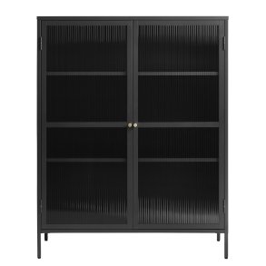 Bronco glasskab, m. 2 lger og hylder - riflet glas og sort metal (H:140)