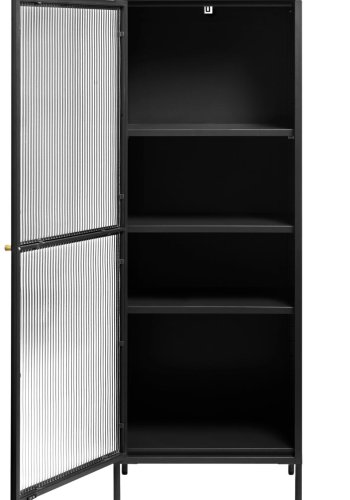 Bronco glasskab, venstre, m. 1 lge og 3 hylder - riflet glas og sort metal (H:160)