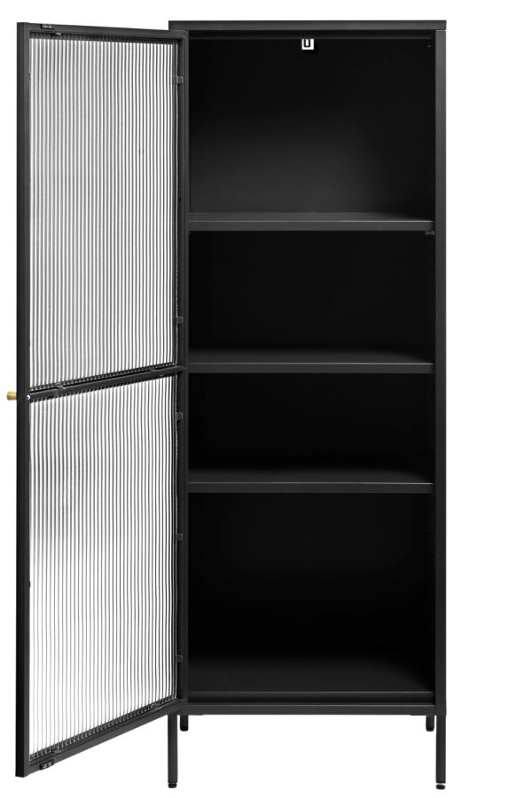 Bronco glasskab, venstre, m. 1 lge og 3 hylder - riflet glas og sort metal (H:160)