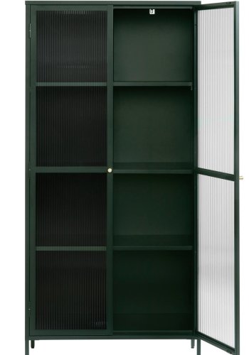 Bronco glasskab, m. 2 lger og hylder - riflet glas og grangrn metal (H:190)