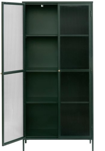 Bronco glasskab, m. 2 lger og hylder - riflet glas og grangrn metal (H:190)