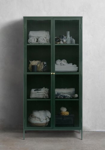 Bronco glasskab, m. 2 lger og hylder - riflet glas og grangrn metal (H:190)