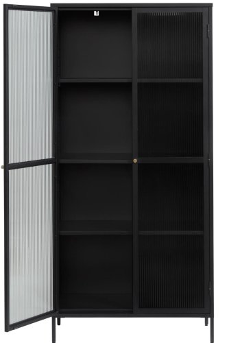 Bronco glasskab, m. 2 lger og hylder - riflet glas og sort metal (H:190)