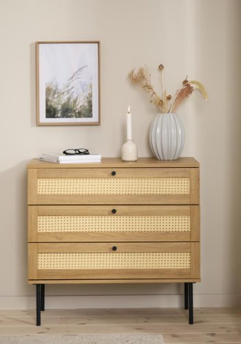 Pensacola kommode, m. 3 skuffer - natur eg melamin og polyrattan
