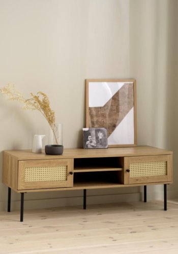 Pensacola TV-bord, m. 2 lger og 1 hylde - natur eg melamin og polyrattan (120x40)