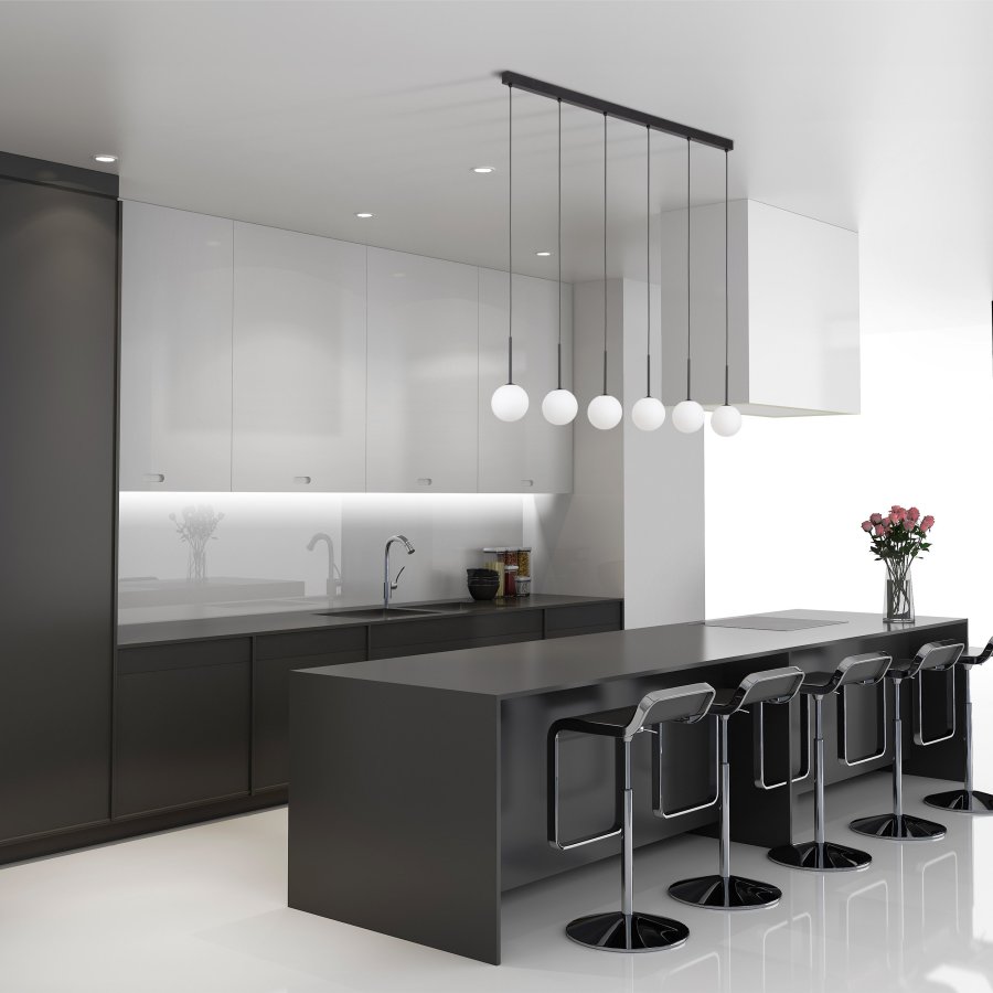 TK Martin loftlampe, m. 6 skrme - hvid glas og sort metal