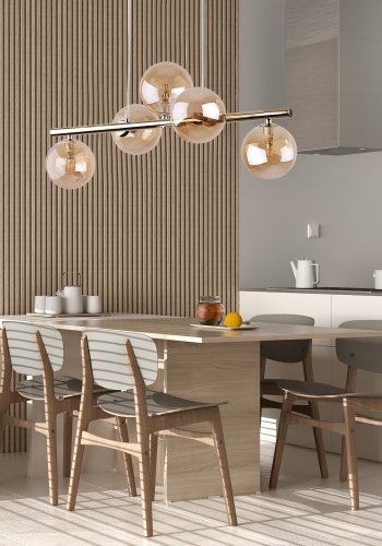 TK Estera loftlampe, m. 5 skrme - guld glas og metal