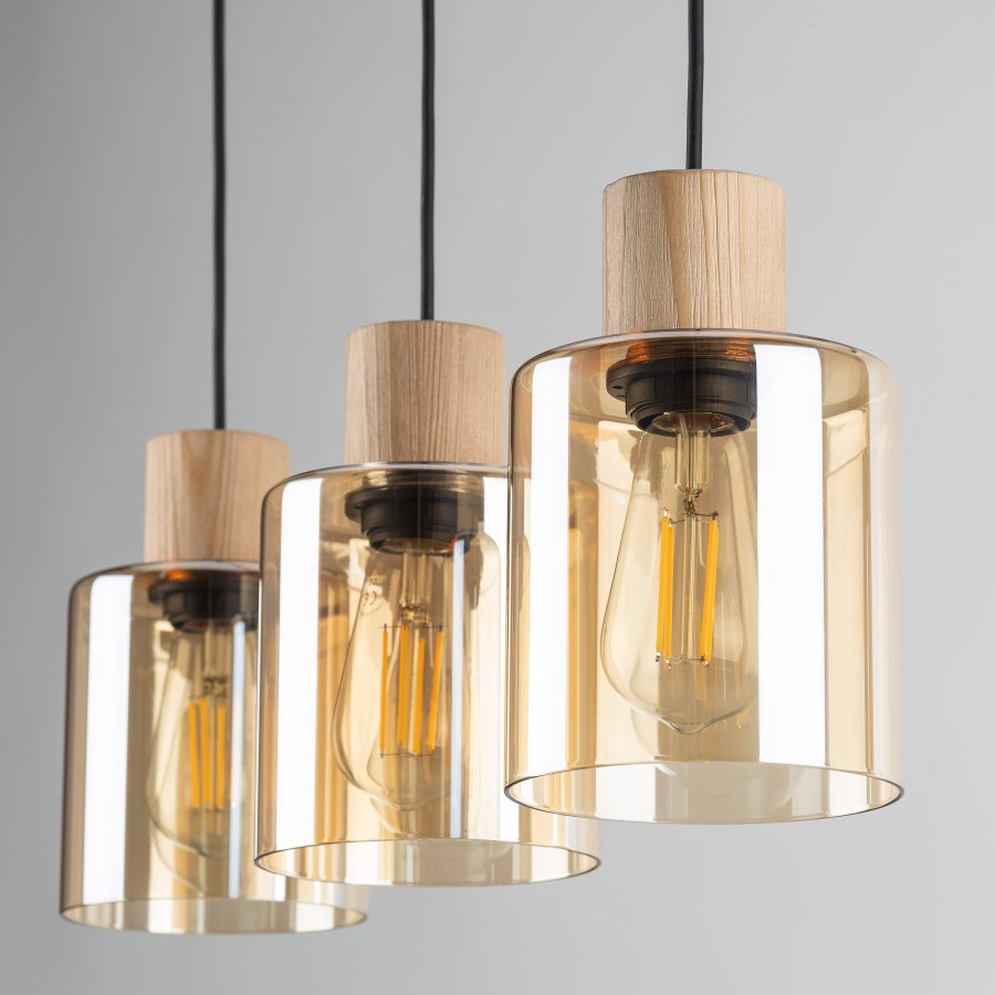 TK Orson loftlampe, m. 3 skrme - glas og tr 