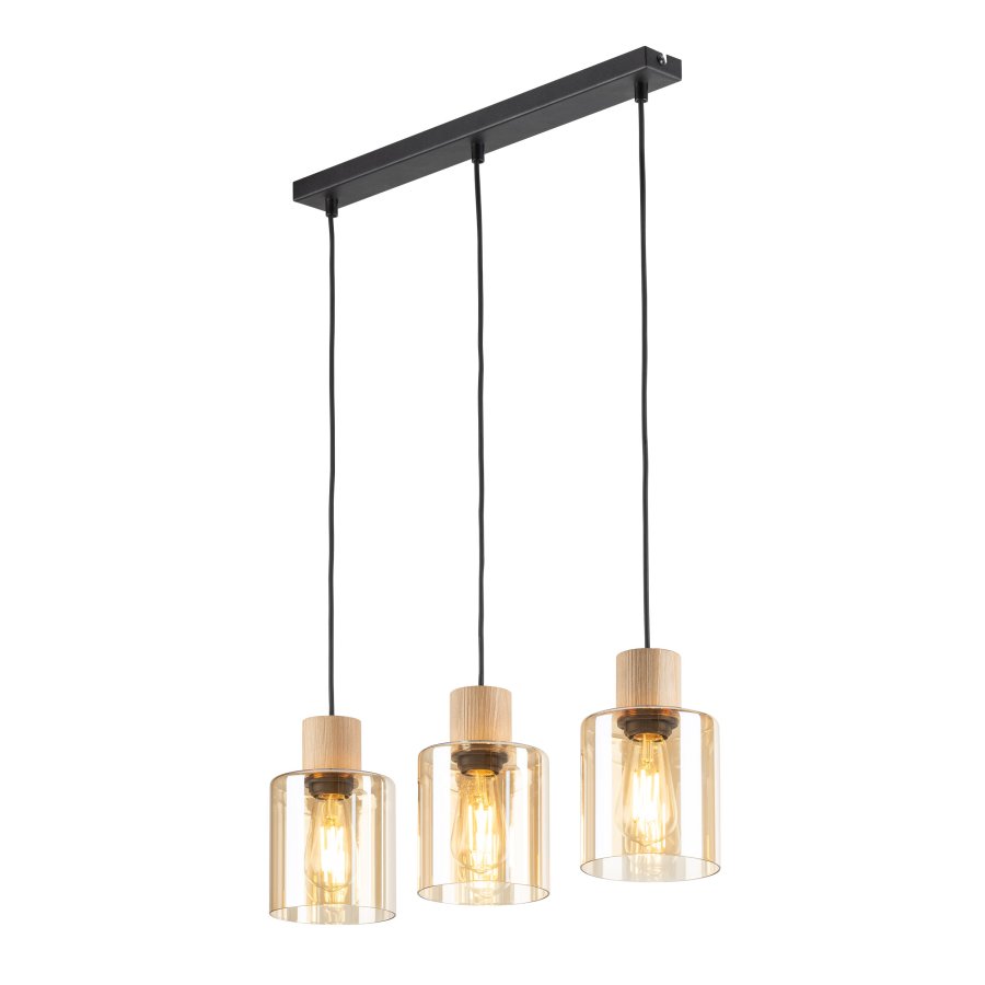TK Orson loftlampe, m. 3 skrme - glas og tr 