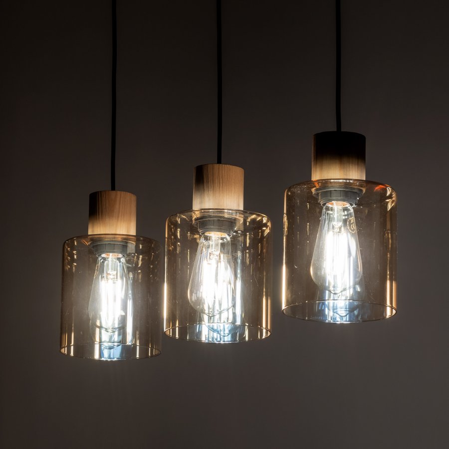 TK Orson loftlampe, m. 3 skrme - glas og tr 