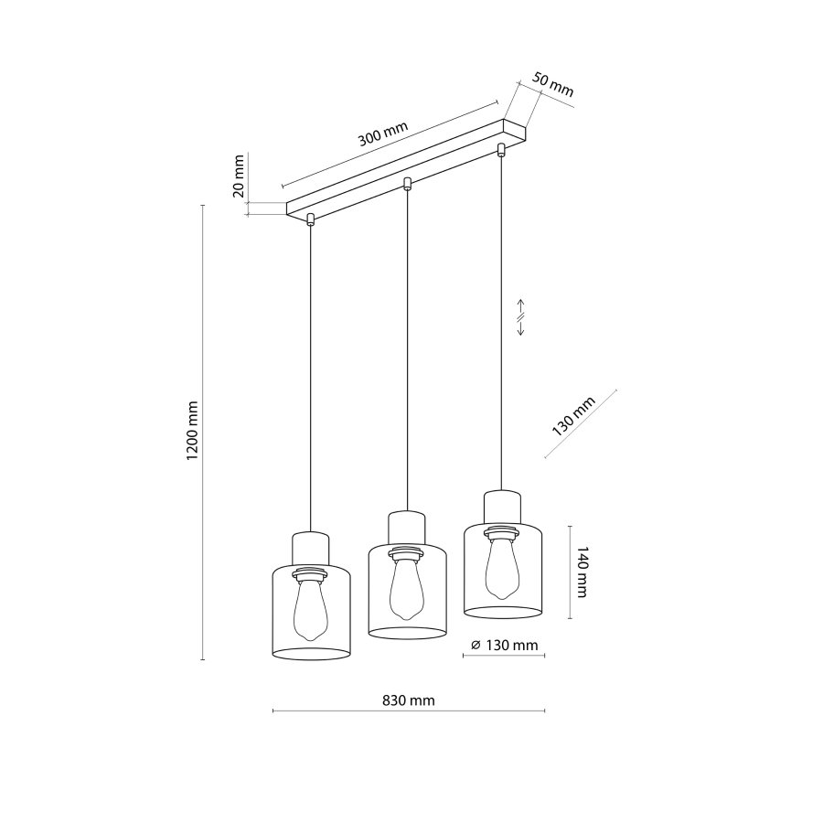 TK Orson loftlampe, m. 3 skrme - glas og tr 