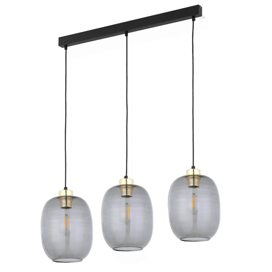 TK Delta loftlampe, m. 3 skrme - glas, guld og sort metal