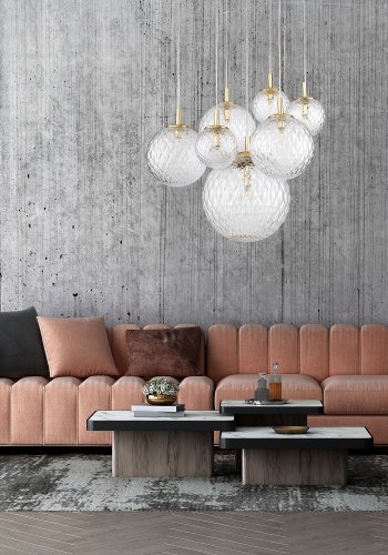 TK Cadix loftlampe, m. 7 skrme - glas og guld stl