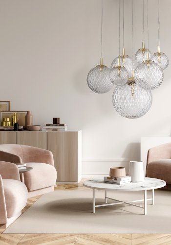 TK Cadix loftlampe, m. 7 skrme - glas og guld stl