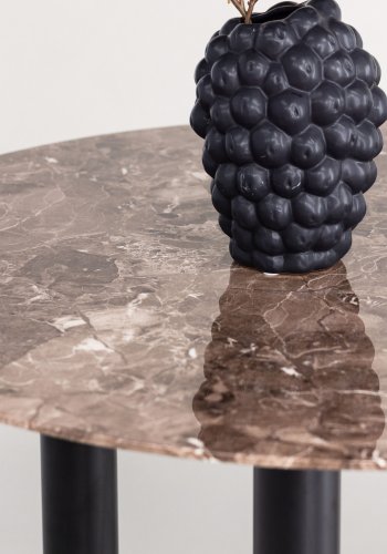 VIND COLLECTION Havstone spisebord, rund - glas med brunt marmormnster og sort metal (106)