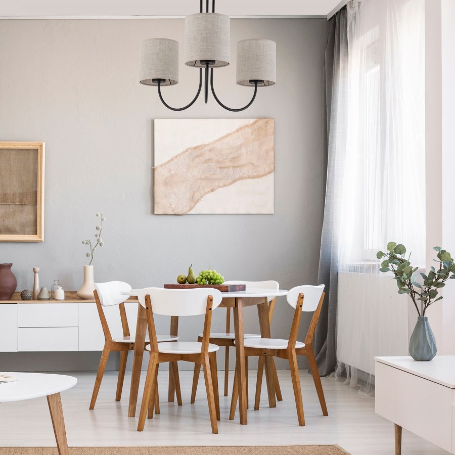 TK Torens loftlampe, m. 3 skrme - natur hr stof og sort metal