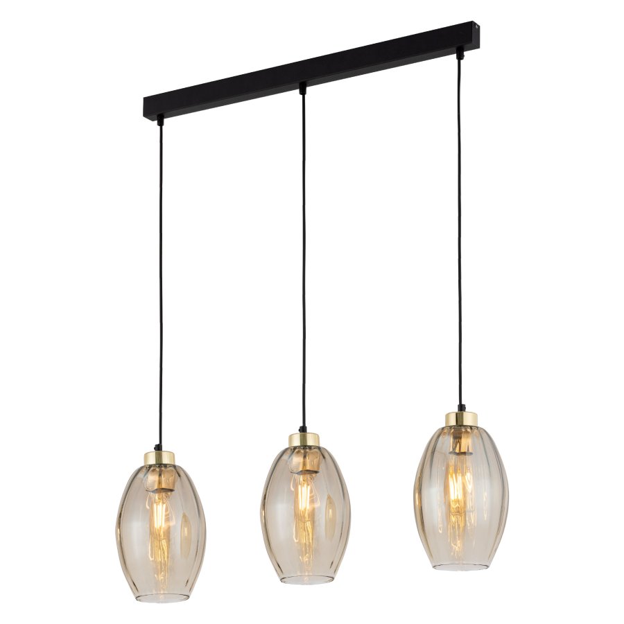 TK Sebo loftlampe, m. 3 skrme - glas og sort metal