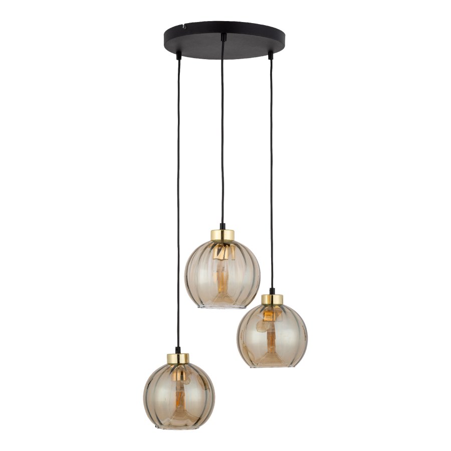 TK Devi loftlampe, m. 3 skrme - rav glas og sort metal