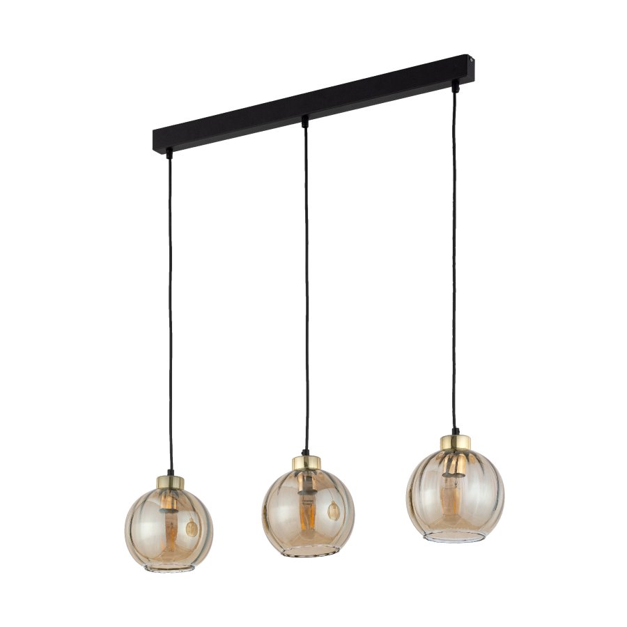 TK Devi loftlampe, m. 3 skrme - rav glas og sort metal
