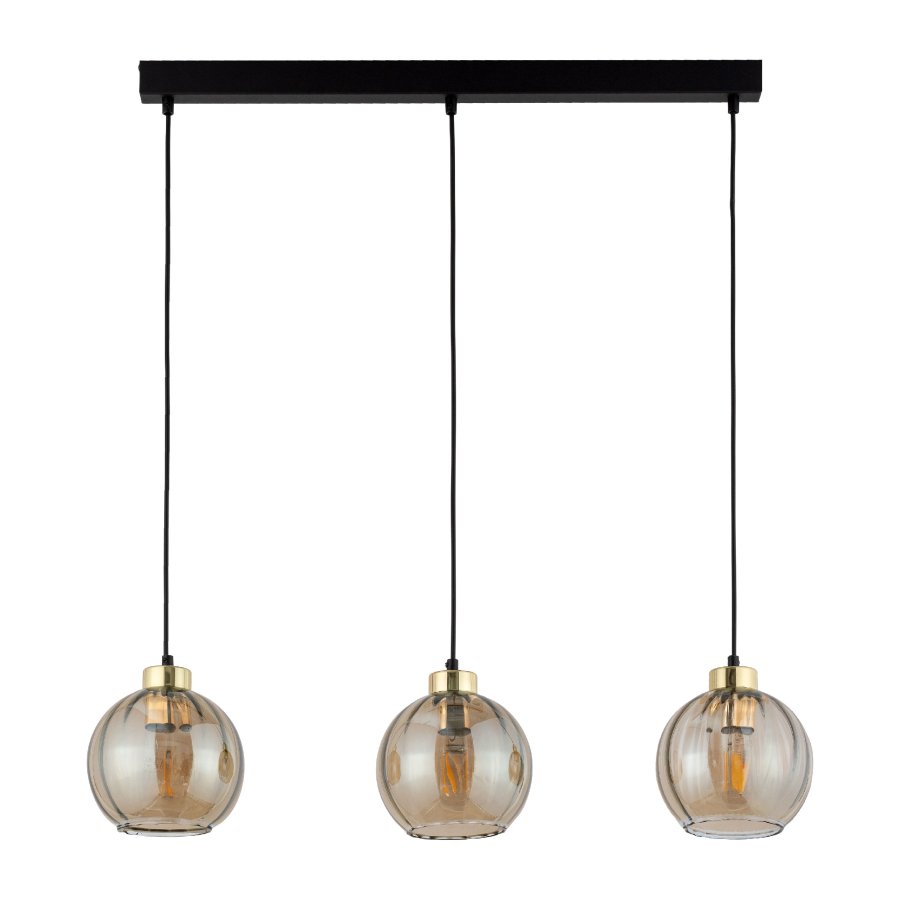 TK Devi loftlampe, m. 3 skrme - rav glas og sort metal