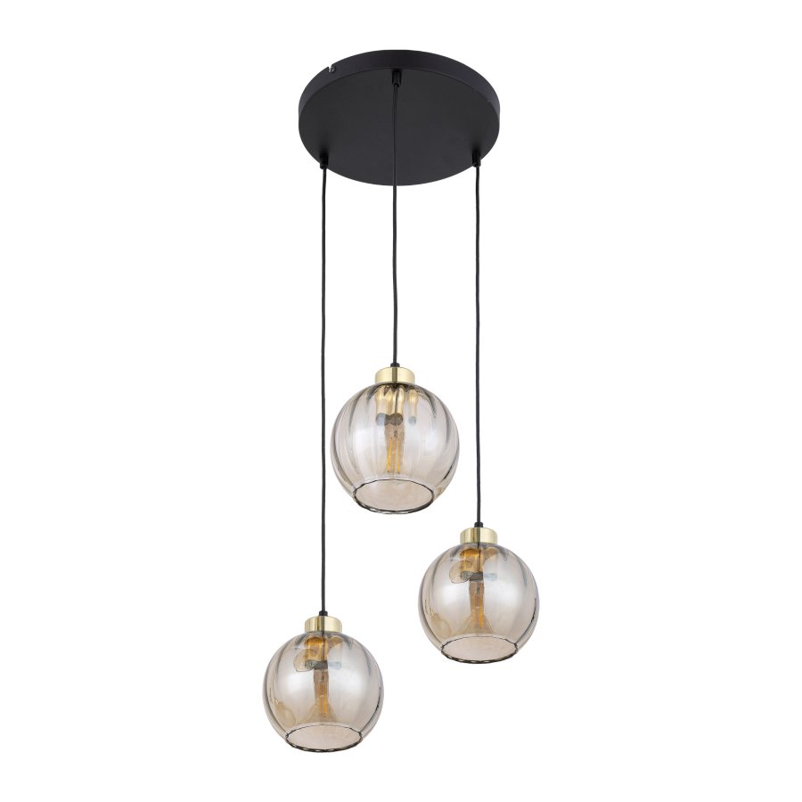 TK Devi loftlampe, m. 3 skrme - rav glas og sort metal