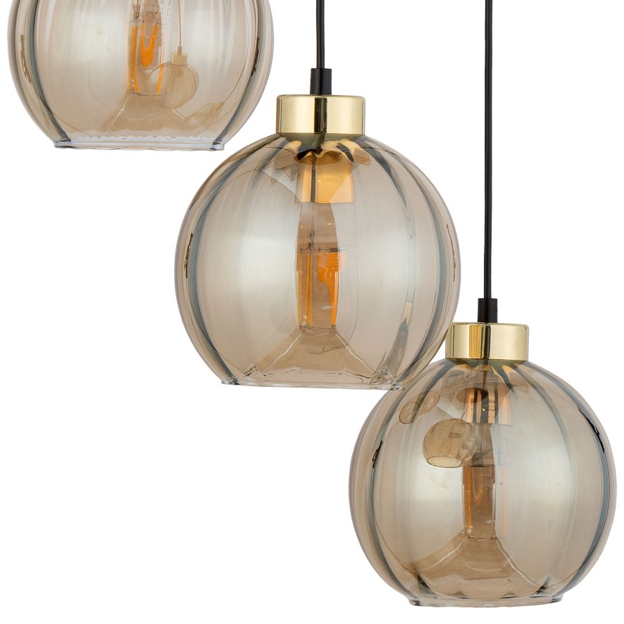 TK Devi loftlampe, m. 3 skrme - rav glas og sort metal