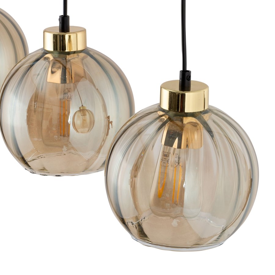 TK Devi loftlampe, m. 3 skrme - rav glas og sort metal
