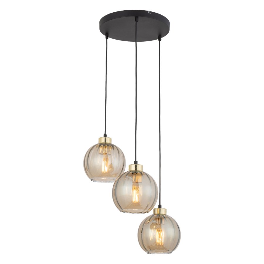 TK Devi loftlampe, m. 3 skrme - rav glas og sort metal