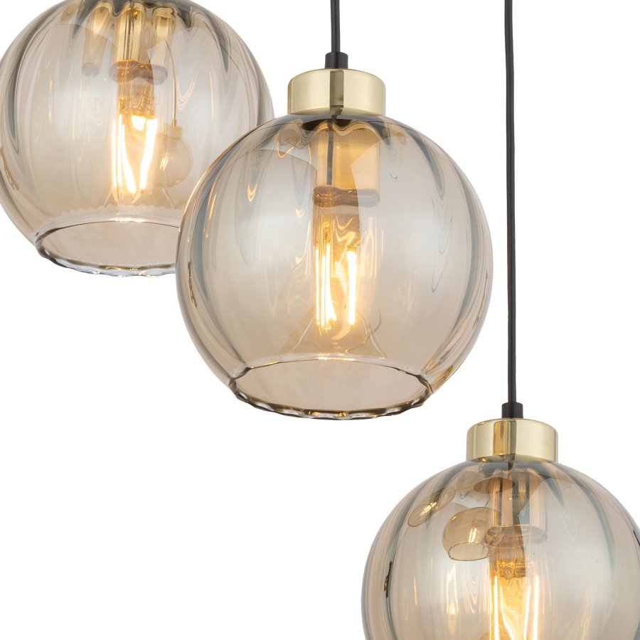 TK Devi loftlampe, m. 3 skrme - rav glas og sort metal