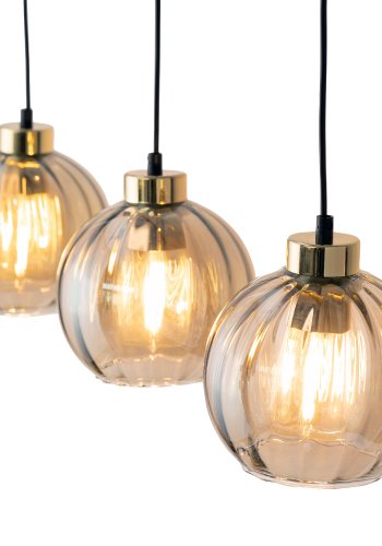 TK Devi loftlampe, m. 3 skrme - rav glas og sort metal