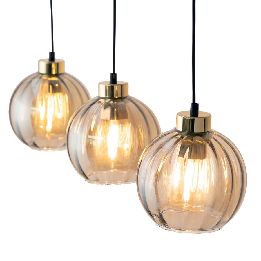 TK Devi loftlampe, m. 3 skrme - rav glas og sort metal