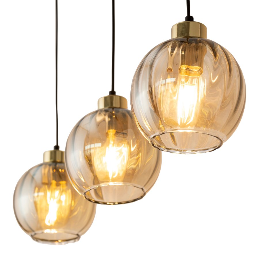 TK Devi loftlampe, m. 3 skrme - rav glas og sort metal