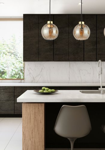 TK Devi loftlampe, m. 3 skrme - rav glas og sort metal