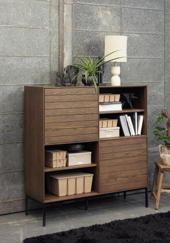 Modica skab, m. 2 lger og hylder - rgfarvet egefinér og sort metal