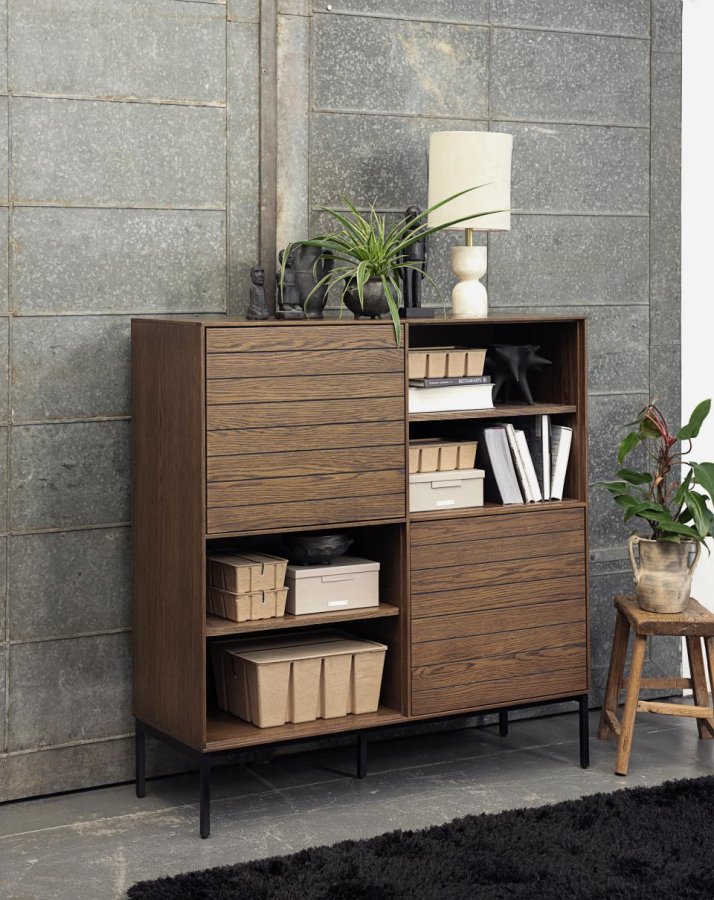 Modica skab, m. 2 lger og hylder - rgfarvet egefinér og sort metal