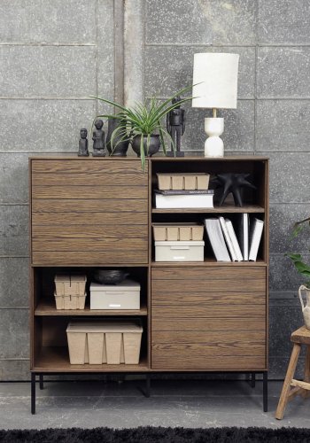 Modica skab, m. 2 lger og hylder - rgfarvet egefinér og sort metal