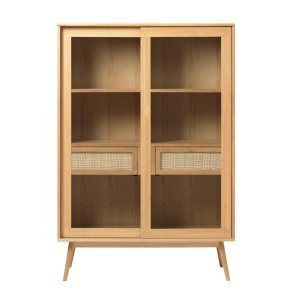 Barrali vitrineskab, m. 2 glaslger og 2 skuffer - natur rattan og egetr (H:160)