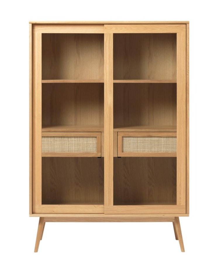 Barrali vitrineskab, m. 2 glaslger og 2 skuffer - natur rattan og egetr (H:160)