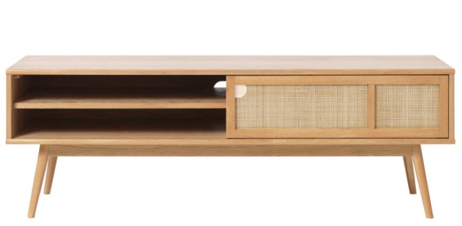 Barrali TV-bord, m. 1 skydelge og 1 hylde - natur rattan og egetr (150x45)