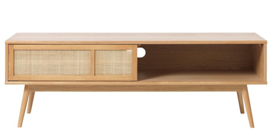 Barrali TV-bord, m. 1 skydelge og 1 hylde - natur rattan og egetr (150x45)